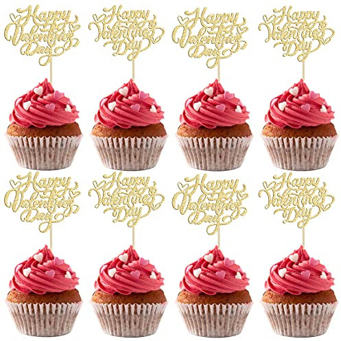 Gyufise 24 Stück Happy Valentine's Day Cupcake-Topper Gold Glitter Sweet Love Thema Valentinstag Cupcake Essen Picks Valentinstag Thema Geburtstag Party Kuchen Dekorationen Zubehör