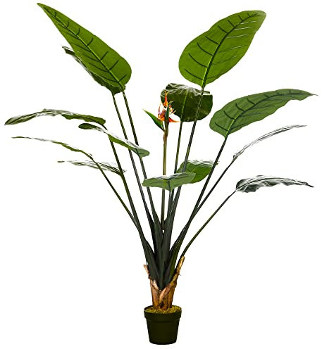 HOMCOM - Planta artificial de pájaro del paraíso Strelitzia Altura 1,80 m - 13 hojas y 2 flores - Gran realismo - Maceta incluida