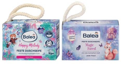 Balea 2er-Set Feste Körperpflege: Duschseife HAPPY MELODY mit blumig-fruchtigem Duft (100 g) + Duschseife MAGIC FOREST mit märchenhaftem Duft (100 g), 200 g