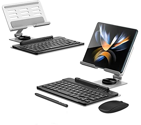 Galaxy Z Fold 4/Fold 3 Wireless Keyboard + Bluetooth Mouse + Stylus + Foldable Rotating Stand Set for Samsung Galaxy Z Fold 4/Fold 3-4 Piece Set (Silver)