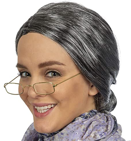 Großmutter Perücke, alte Dame Kostüm für Frauen, alte Lady Kostüm Set, graue Oma Perücke und gefälschte goldene Rechteck Brille Oma Set für Frauen und Mädchen