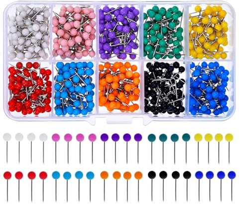 HUAZIZ 1 000 st skräddarsydda nålar med runda huvuden i plast med runda huvuden och stålnålar, runda raka stift, tryckstift för färgglada kartor