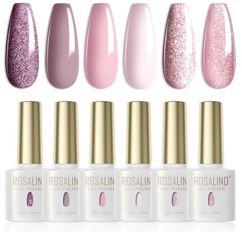 ROSALIND UV Nagellack Pastell,6 Farben Violett Nude Hellrosa Lila Glitzer Soak Off UV LED Nail Gel Polish Gellack Sommer Set für Anfänger Nail Art Salon