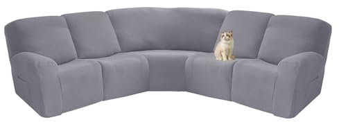 HonunG 7-teilige L-förmige Sofabezug für 4-Sitzer und 1 Ecksitz, Stretch-Jacquard-Liegebezug, Sofabezug für Liegeposition, L-Form, 5-Sitzer, Ecksofa Möbelschutz (Grau)