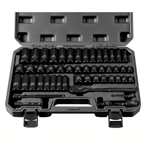 3/8 Drive Socket Set 50-Piece, SAE (5/16 - 3/4) & Metric (8mm - 22mm), Deep & Shallow Impact Socket Set with Case, 6 Points, Premium CR-V, Extension Bars, Universal Joint & Power Drill Adapter