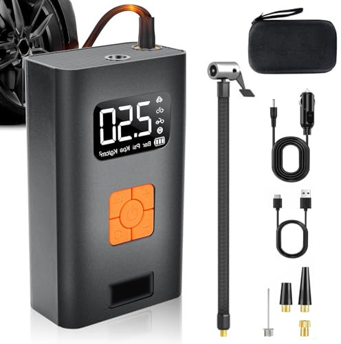 Tyre Inflator Air Compressor, Handheld Air Compressor, 150PSI Digital Tyre Inflator, Electric Bike Pump 12V 2000mAh 5 Modes 5 Nozzles Adaptors Auto Shut-Off Autopump, LED Light, Electric Tyre Pump