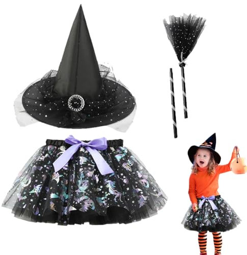 Disfraz de Bruja 3 Piezas Con Sombrero, Falda TuTu y Escoba Para Halloween, Cosplay, Fiesta de Disfraces, Baile, Carnaval y Navidad