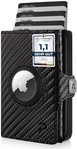 PURISTO KLIK Minimal AirTag Wallet mit Münzfach - Mini Geldbörse und Portemonnaie für Herren aus Echtleder - Kleiner Credit Card Holder mit RFID Schutz für 10-12 Karten - Carbon