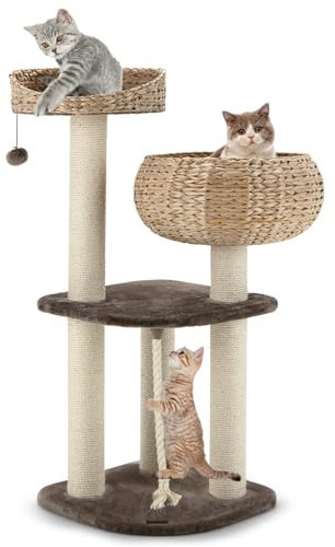 SOARS Kratzbaum Gewebter Rohrkolben, 104cm Katzenbaum mit Betten, Aufhängeseile, Aufhängebälle, Sisalstämmen, mehrstöckiger Katzenkratzbaum, Aktivitätsbaum Kletterbaum Katzenmöbel