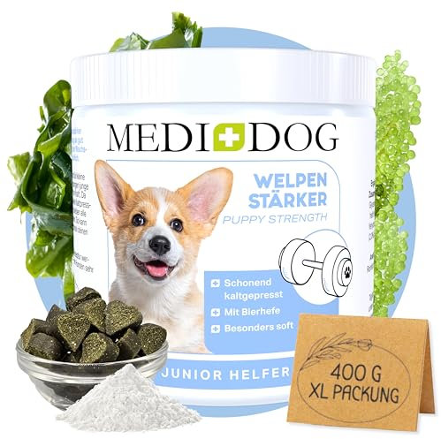 MEDIDOG Welpenstärker – 400g – 13in1 für Welpen und Junge Hunde – für die Wachstumsphase, mit Bierhefe, Calcium, Kollagen, Spirulina, Chlorella, Algenöl UVM.- kaltgepresst & getreidefreie Rezeptur