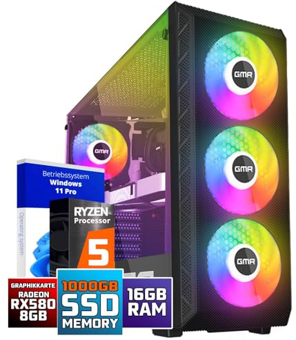 GMR Power Gaming PC - Ryzen 5 para jugadores | 3 años de garantía | 16 GB RAM | 1000 GB SSD | RX 580 Radeon | USB 3 | Windows 11 Pro | WiFi y Bluetooth