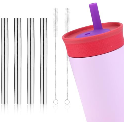 4pcs Metal Straw for Owala Kids 12 OZ Stainless Steel Tumbler, Reusable Stainless Steel Replacement Toddler Straws with 2pcs Cleaning Brushes Compatible with Owala 15 OZ Plastic Tumbler Water Bottle