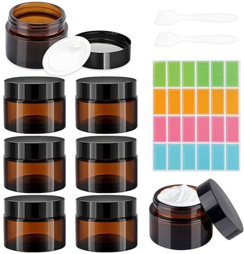 8 Pièces de Boîtes Vides en Verre Ambré, Recipient Cosmetique avec Autocollants et 2 Spatules, Bocal en Verre À Vis avec Couvercles, 50ml Pots De Crème Vides pour Lotions, Crèmes, Huiles Essentielles
