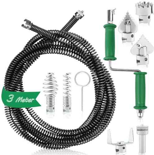 LWAIX Rohrreinigungsspirale Abflussreiniger Spirale Abfluss Rohrreinigung 3m×12mm Rohrspirale Abflussspirale Rohrreinigungswelle Drain Snake mit 6Stk Abflussreiniger Schneidkopf