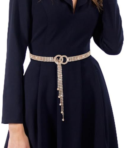 Andibro Rhinestone Belt for Women, Adjustable Crystal Waist Chain Belt O-Ring Gold Waist Chain for Dresses(Gold)