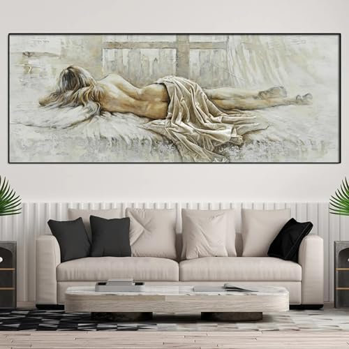 YUSUZHU Mode Sexy Frau Poster Druck Öl Mädchen Halbnackt Leinwand Malerei Seitlich Liegend Bild Leinwand Wandkunst Badezimmer Dekor 65x130cm Mit Rahmen