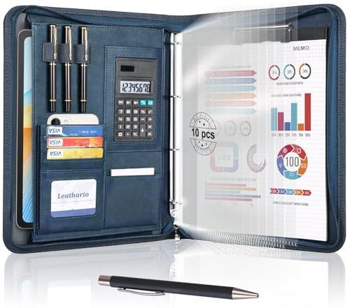 Leathario Schreibmappe A4 mit 5 Klarsichthüllen,Konferenzmappe mit 4 Ringbuch Reißverschluss,Dokumentenmappe mit Notizblock,Ringmappe für Meeting, Business,ikl.1 Kugelschreiber