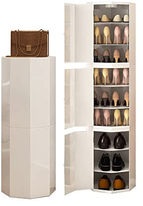 GXXINGIN Drehbares Schuhregal, 360° drehbar, hohes, rundes, achteckiges Schuhregal mit Spiegel zur Aufbewahrung im Schrank, moderner weißer Ständer (210 cm)