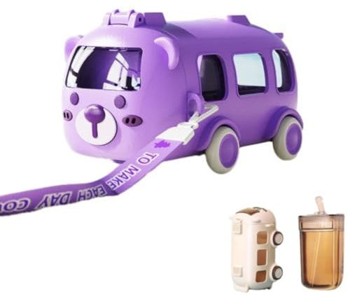 ALADDINLUX Portable Water Cup in Bus Shape, 360° Leak-Proof Portable Water Bottle with Straw and Strap, Detachable Fun Toy, Bounce Flip Top
