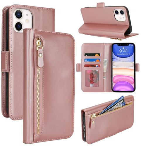 Lipvina Magnet Flip Cover für iPhone 11 mit Reißverschluss-Tasche & 3 Kartenhalter | Premium PU-Kunstleder Hülle mit RFID-Schutz - roségold