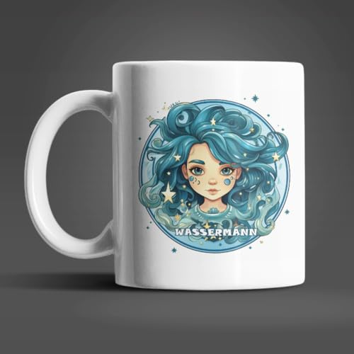 Sternzeichen Tasse 325 ml – Tierkreis Kaffeetasse mit süßem Horoskop-Motiv – 12 astrologische Designs von Widder bis Fische – Geschenkidee für Frauen, Männer & Astrologie-Fans, Muster: Wassermann