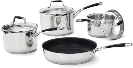 Stellar Flow 4 Piece Draining Pan Set - 16cm/18cm/20cm Saucepans + 26cm Non-Stick Frying Pan - Stainless Steel Cookware Set with Vented Draining Lids, Easy-Pour Rims & Internal Measurement Guides