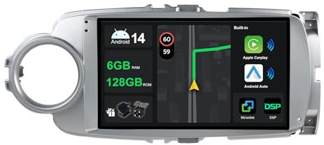 9 [6G+128G] Android 14 Radio Coche para Toyota Yaris GRMN 2012-2017 con Carplay|Android Auto|DSP|Mirror Link-GPS Navi Navegador Radio con Bluetooth 5.0/WiFi/4G/FM/360 AHD Cámara