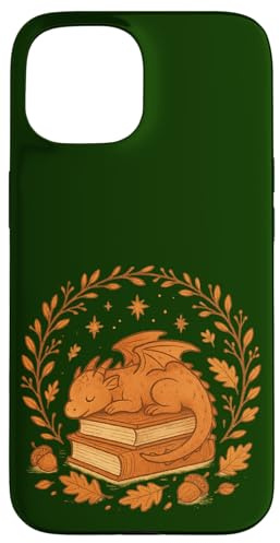 Dragón Durmiente en la Pila de Libros con Hojas de otoño fantasía Carcasa para iPhone 15