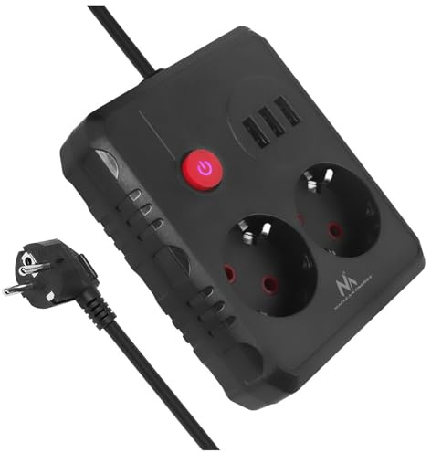 Maclean MCE387/8 Steckdosenleiste | 2 Steckdosen 3xUSB 2500W | Kompaktes Kabel mit 45° Winkelsteckdosen | Beleuchteter Wandschalter (Schwarz, 3 m)