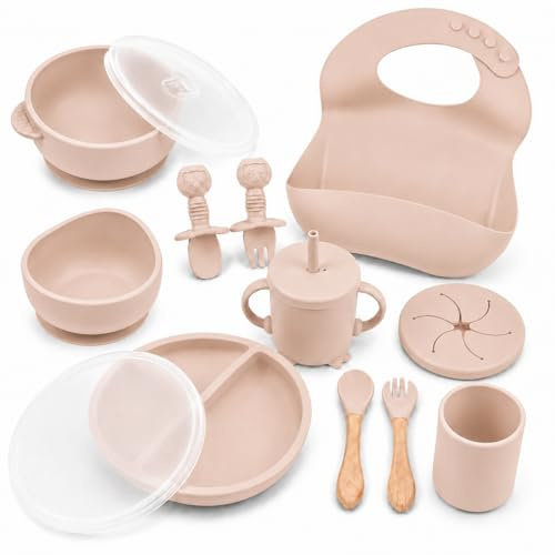 14 Piezas Vajilla Bebé Set Alimentación Silicona BLW Antideslizante Beige | Plato, bol, vaso, taza, babero y cubiertos - Silicona sin BPA - Ventosa antideslizante - Ideal Baby Led Weaning