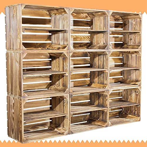 8 geflammte Kisten für Bücherregal - flambierte Apfelkiste / Obstkiste als Schuhregal - Kistenregal Regalkiste Obstkistenregal Regal Wandregal aus Holz - dunkel rustikal neu 50x40x30cm