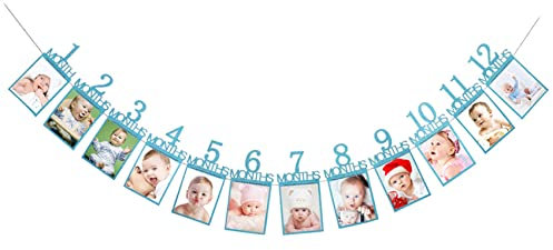 Oblique Unique® Baby Girlande 12 Monate 1. Lebensjahr Monatsgirlande für Jungen Babyshower Schwangerschaft Kinder Geburtstag in Blau mit edlem Glitzereffekt