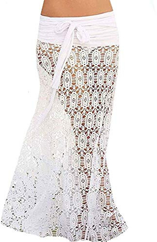 JFAN Vestido de Playa de Encaje Mujer Dual Use Ropa de Playa Falda Traje de Baño Vestido Camisolas y Pareos Ropa de Baño Cover Up Chic Relajarse Blusa Halter(Blanco,Talla única)