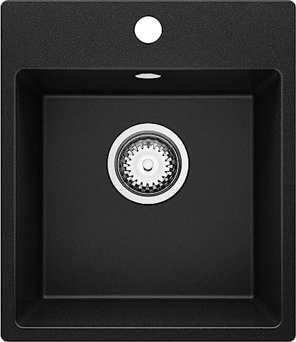 PRIMAGRAN Evier Cuisine en Granit Noir 38x44cm, Lavabo 1 bac + Kit de Vidage, Évier à Encastrer au meuble 40cm - Riga Easy
