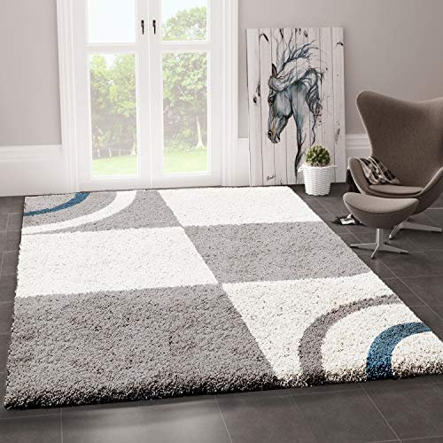 VIMODA Wohnzimmer Teppich Hochflor Shaggy Deko kariert Streifen Turkis Creme Grau Pflegeleicht Modern, Maße:120x170 cm