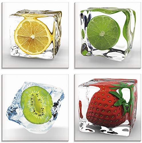 ARTland Wanddeko Glasbilder Wandbild Glas Bild Set 4 teilig je 40x40 cm Quadratisch Früchte im Eiswürfel Obst Frucht Zitrone Limette Kiwi Erdbeere S6MF