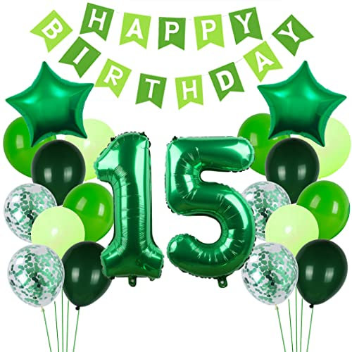 Crazy-M Grün Luftballon 15. Geburtstagsdeko für Jungen Mädchen, 15 Jahr Grün Deko zum Geburtstag Grün Folienballon 15 Zahl Deko 15. Geburtstag Happy Birthday Banner Dekoration