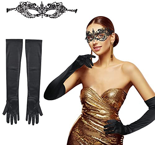 LAMEK 2Tlg Venezianische Maske Damen Spitzenmaske Sexy Spitze Augenmaske Gothic Gesichtsmaske Retro Party Kostüm Set mit Spitzenhandschuhe für Maskenball Karneval Maskerade Halloween Hochzeit Cosplay