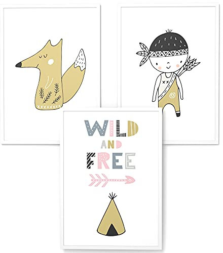 Papierschmiede® Kinderbilder 3er Set, A4 gerahmt in Holzrahmen (weiß), Geschenk für Jungen & Mädchen Wanddeko Kinderzimmer Babyzimmer, Indianer - Wild and Free