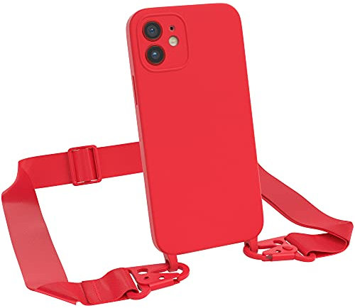 EAZY CASE Premium Silikon 2 in 1 Handykette kompatibel mit iPhone 12 Handyhülle mit Umhängeband, Handykordel mit Silikonhülle, Hülle mit Band, Kette für Smartphone, Rot