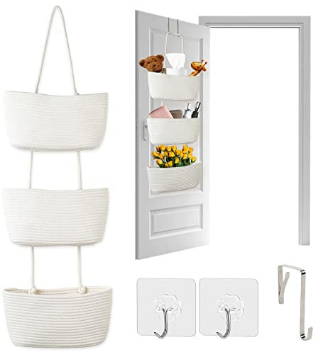 Autumnlife Over the Door Hanging Storage Bag with 3 Pockets & Hooks – Rope Fabric Wall Hanging Organiser for Bedroom, Bathroom, Nursery, Cream White