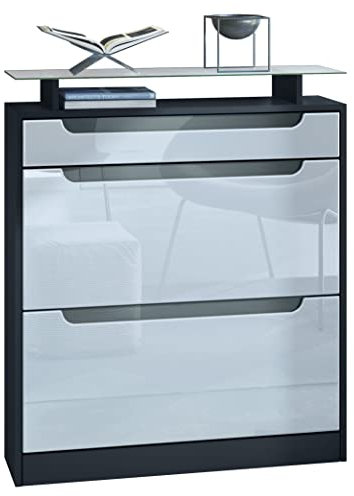 Vladon Schuhschrank Fiesta, Schwarz matt/Weiß Hochglanz/Grau Hochglanz - Schuhkipper für 16 Paar Schuhe (89 x 104 x 23 cm)