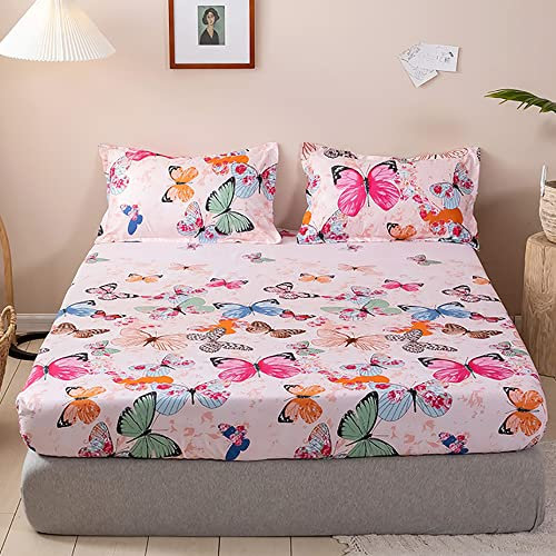 Michorinee Spannbettlaken Kinder 120x200cm Rosa Schmetterling Motiv Muster Mädchen Bettlaken Boxspringbett Topper 100% Microfaser Kindermotiv Spannbetttuch für Matratze bis 25 cm Hohe