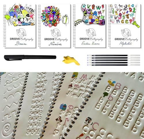 GROOVE Calligraphy Cahiers Réutilisables – Alphabet, Cursive, Numéros, Dessins – 4 Manuels A4 avec Rainures Premium + Stylo Magique + 5 Recharges + Correcteur de Posture des Doigts