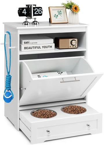 GOPLUS Meuble de Rangement pour Animaux de Compagnie avec 2 Gamelles en Acier Inoxydable, Armoire d’Alimentation avec Grand Espace et Dispositif Antidumping, Meuble pour Chat ou Petit Chien