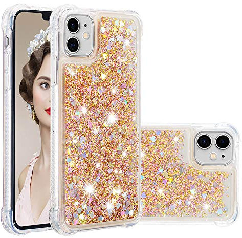 IMIRST Silicone Phone Case for Apple iPhone 11, Corner Airbag Fall Protection Bling Glitter Quicksand Liquid Sparkle TPU Case Cover for Apple iPhone 11. YBW Love Gold