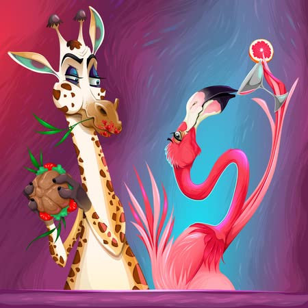 adrium Acryl-Bild 50 x 50 cm: Happy Hour zwischen Giraffe und Flamingo. Lustige Cartoon-Vektor-Illustration.(72304282)