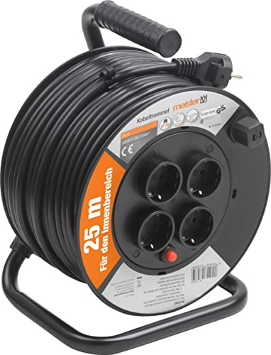 Meister Kabeltrommel H05VV-F3G1,5, IP20 - 25 m Kabel - Thermoschutz-Schalter - Indoor / Kabelrolle mit 4 Schuko-Steckdosen / Kabelbox mit Verlängerungskabel / Leitungsroller mit Kurbel / 7436010