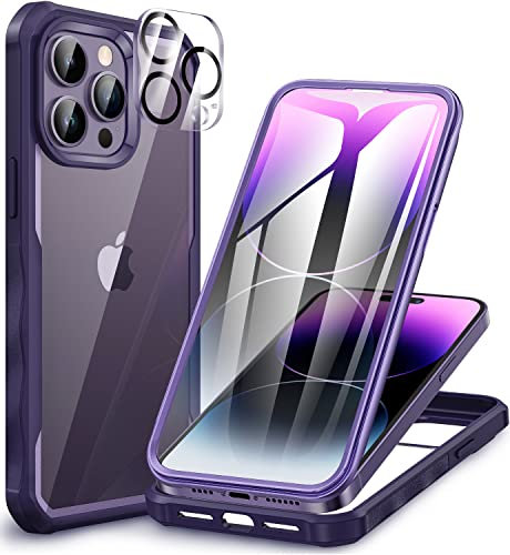 CENHUFO Funda iPhone 14 Pro MAX, con Protector Pantalla Cristal Templado Integrado y Protector cámara [9H HD] 360 Grados Antigolpes Transparente Doble Carcasa para iPhone 14 Pro MAX -Morado Oscuro