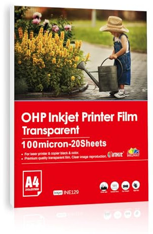 Inkuway Feuille Transparente Imprimable A4 OHP 20 Feuilles Films Transparents pour Rétroprojecteur, Impression Jet d'Encre